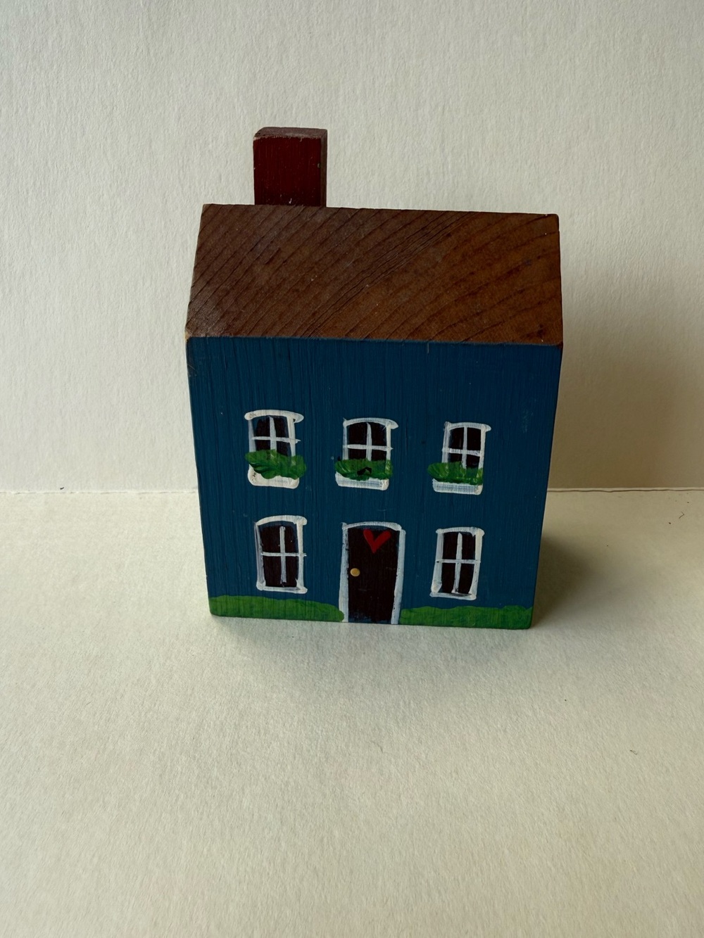 Hand-Painted Mini Wood Folk Art Primitive Blue Block Box House Home w/ Heart.